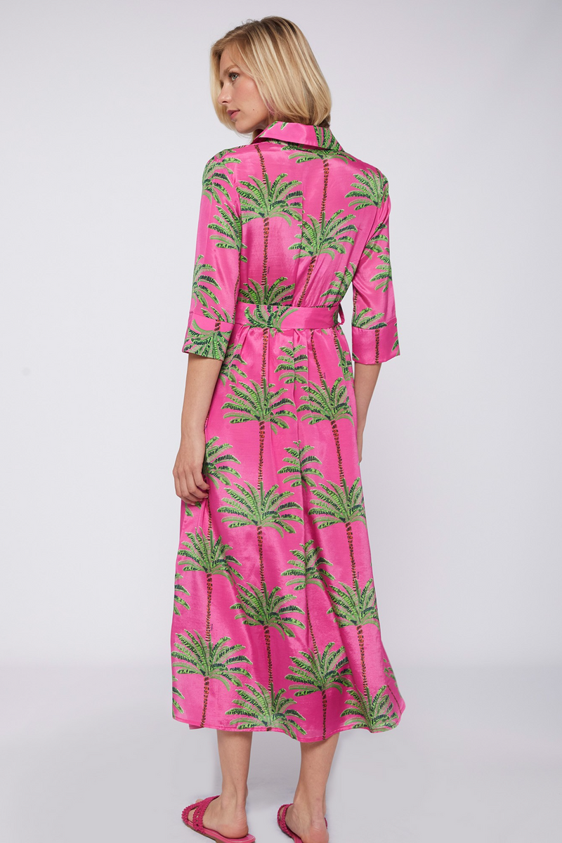 Light Gray Natalia Dress - Pink Palm Tree Midi Dress