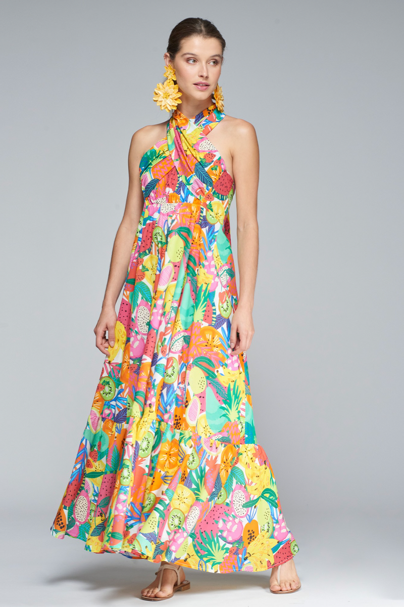 Gray Susan Dress in Fruit Print Maxi Dress