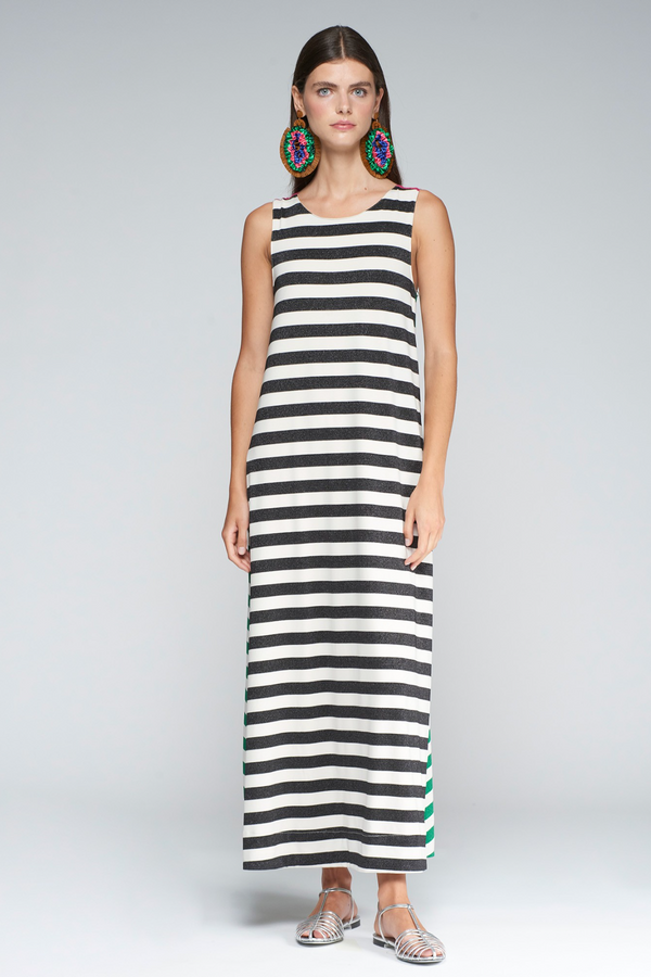 Light Gray Zina Dress in Multicolor Stripe Maxi Dress