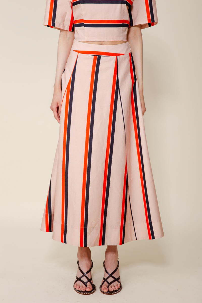 Light Gray Primrose Midi Skirt in Orange Multi Stripe Midi Skirt