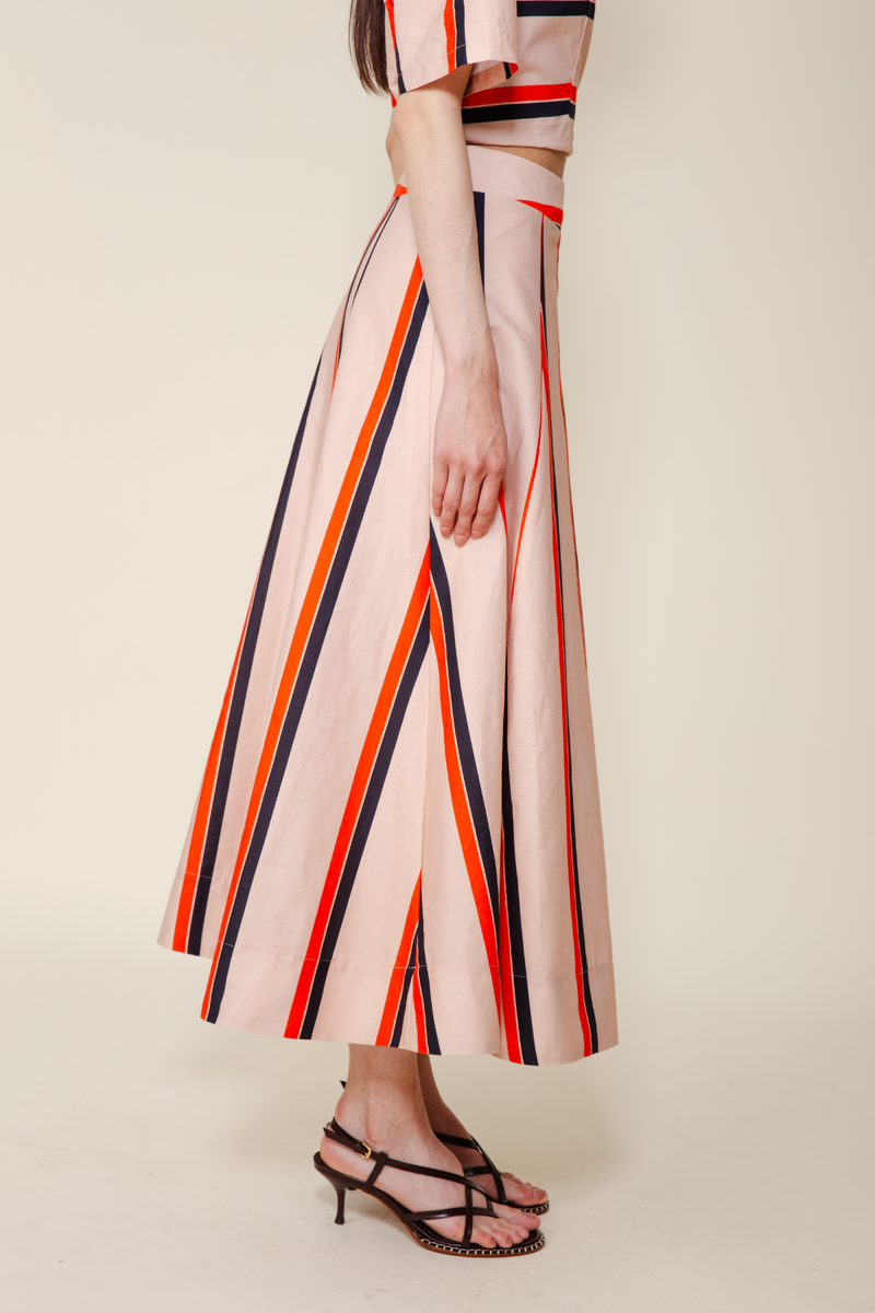 Light Gray Primrose Midi Skirt in Orange Multi Stripe Midi Skirt