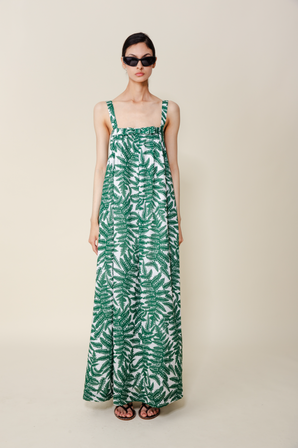Light Gray Mimosa Sun Maxi Dress in Green Leaf Print Maxi Dress