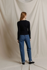 Dark Gray Flora Sweater Rib Crew Neck Long Sleeve Top
