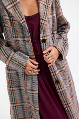 White Smoke Flower Bed Plaid Coat in Grey Wine Multi Coat