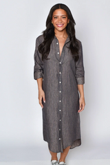 Lavender Linen Denim/Khaki Stripe Girlfriend Midi Dress Midi Dress