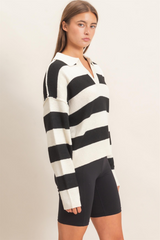 Misty Rose Campus Classic Stripe Polo Sweater Sweater