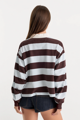 Lavender The Cropped Rugby Polo in Espresso Sky Block Stripe Top