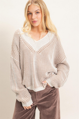 Gray Clarie Striped V-Neck Sweater Sweater