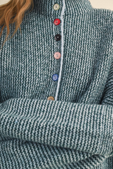 Dim Gray Color Me Happy Button Striped Sweater Sweater