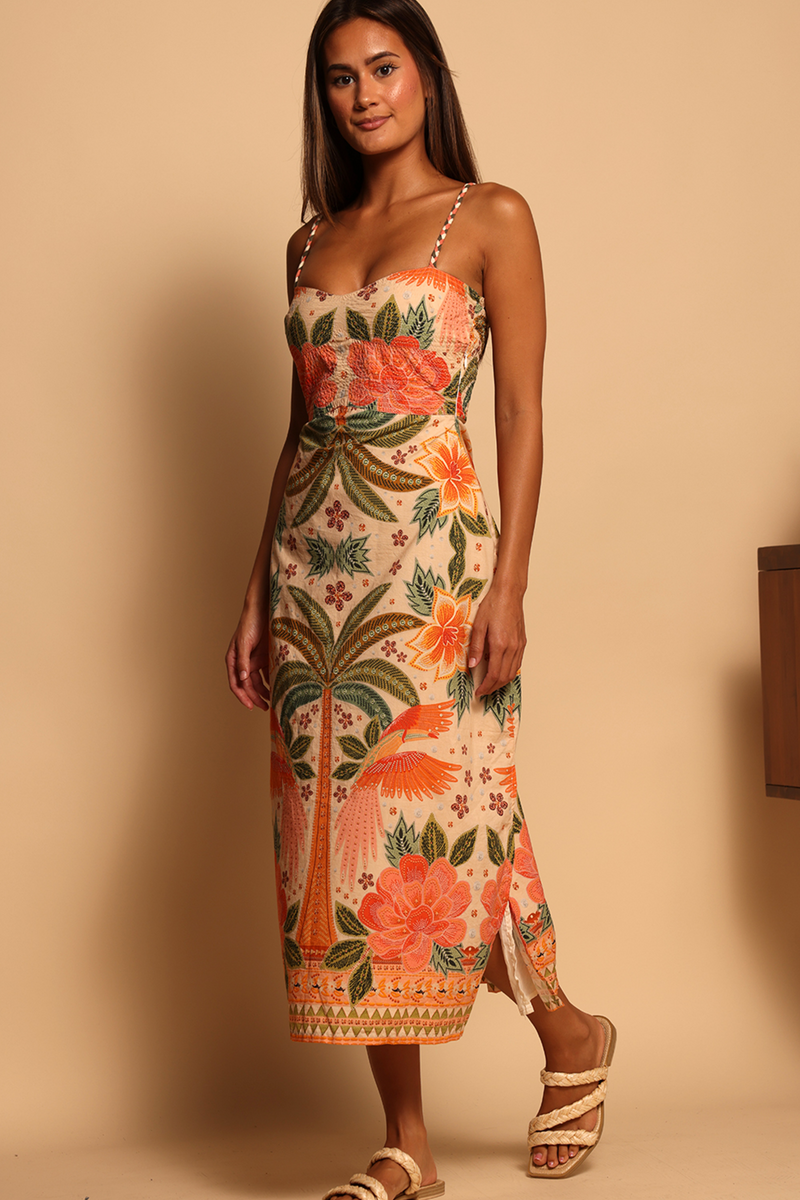 Tan Eloise Midi Dress in Vibrant Toucans Midi Dress