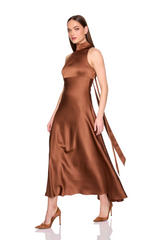 White Smoke Satin Mock Neck With Long Tie Dress 42" Maxi Dress