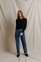 Dark Gray Flora Sweater Rib Crew Neck Long Sleeve Top