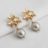 Light Gray Baroque-Inspired Floral Pearl Drop Earrings