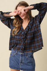 Light Gray Clarissa Ruffle Plaid Blouse Blouse