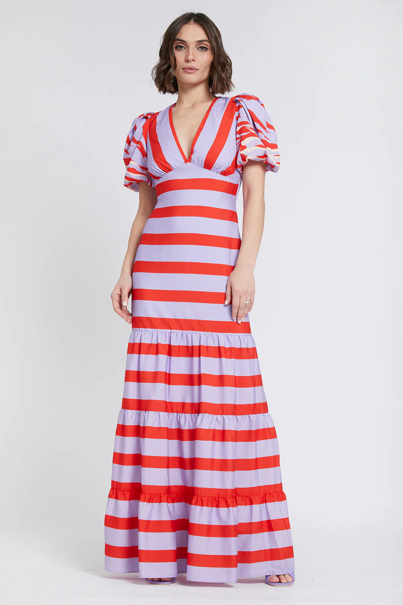 Light Gray Gigi | Striped Crepe de Chine Gown Formal Dress