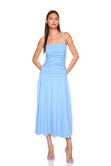 White Smoke Low Gathered String Dress Midi Dress