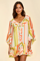 Bisque Bimini Ruffle Caftan Mini Dress in Paradise Stripe Mini Dress