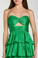 Light Gray Pleated Charmeuse Strapless Tiered Ruffle Gown Formal Gown