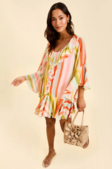 Bisque Bimini Ruffle Caftan Mini Dress in Paradise Stripe Mini Dress