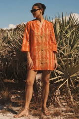 Dark Slate Gray Ines Caftan Mini Dress in Hibiscus Mosaic Mini Dress