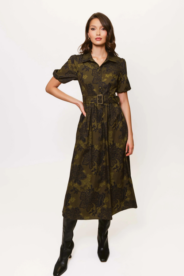 Dark Slate Gray Parker Dress in Olive Bohemian Paisley Maxi Dress