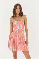Lavender Rowyn Dress in Sky/Coral Layered Outline Peonies Mini Dress