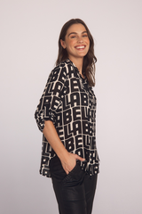 Light Gray Capri Button Down in Bella Print Top