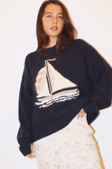 Dark Slate Gray Sailboat Fuzzy Graphic Sweater Sweater