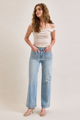Light Gray Nori Wide Leg Pant Stud Pockets | Super Light Wash Jeans