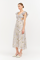 Lavender Jillian Flutter Sleeve Floral Dress Midi Dress