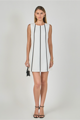 Gray Linen Binded Mini Dress in White/Black Mini Dress