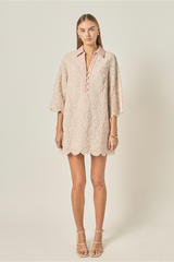 Light Gray Striped Embroidered Scallop Hem Shirt Mini Dress Mini Dress