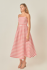 Light Gray Striped Pleated Midi Dress in Off White/Red Midi Dress