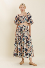 Light Gray Mayers Shirred Floral Maxi Skirt Maxi Skirt