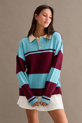 Light Slate Gray Hazel Striped Polo Sweater in Dark Cherry/Sky Blue Sweater