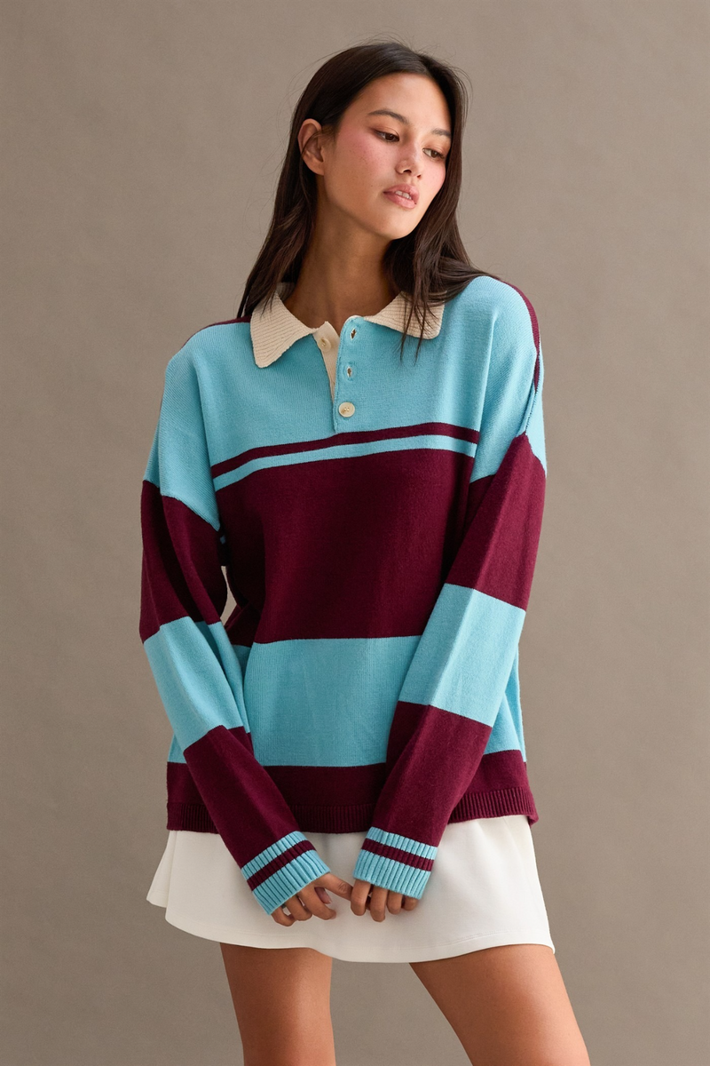 Light Slate Gray Hazel Striped Polo Sweater in Dark Cherry/Sky Blue Sweater