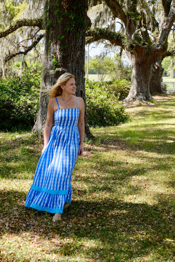 Dark Olive Green Abigail Maxi in Blue Checkered Maxi Dress