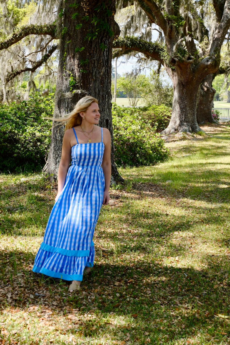 Dark Olive Green Abigail Maxi in Blue Checkered Maxi Dress