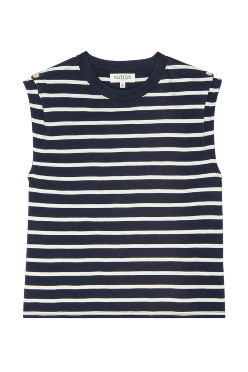Beige Marina Muscle Tee in Navy Playa Stripe Top