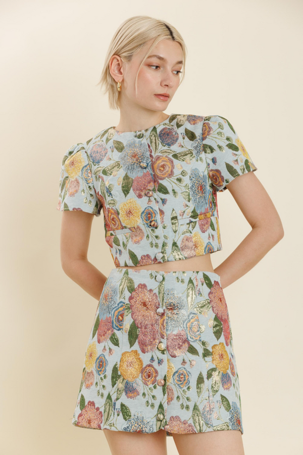 Light Gray Tea for Two Floral Jacquard Cropped Jacket Jacket