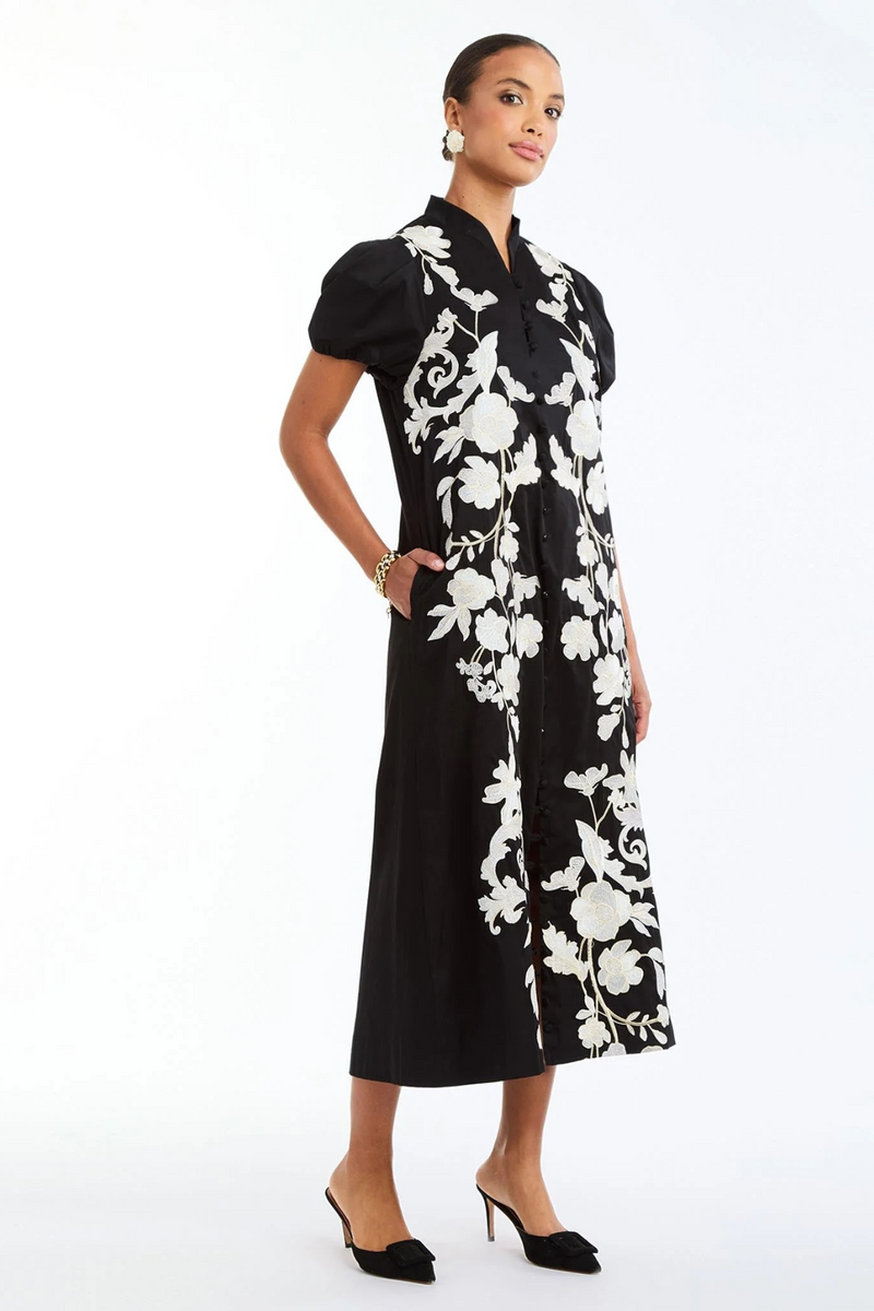 Black Elliana Barong Midi Dress in Black Ivory Midi Dress
