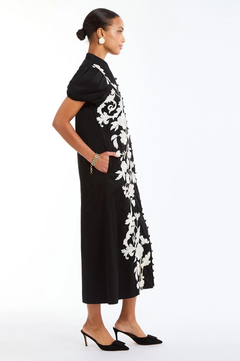 Black Elliana Barong Midi Dress in Black Ivory Midi Dress