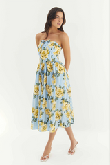 Lavender Sommer Dress in Blue/Yellow Multi Striped Rose Midi Dress