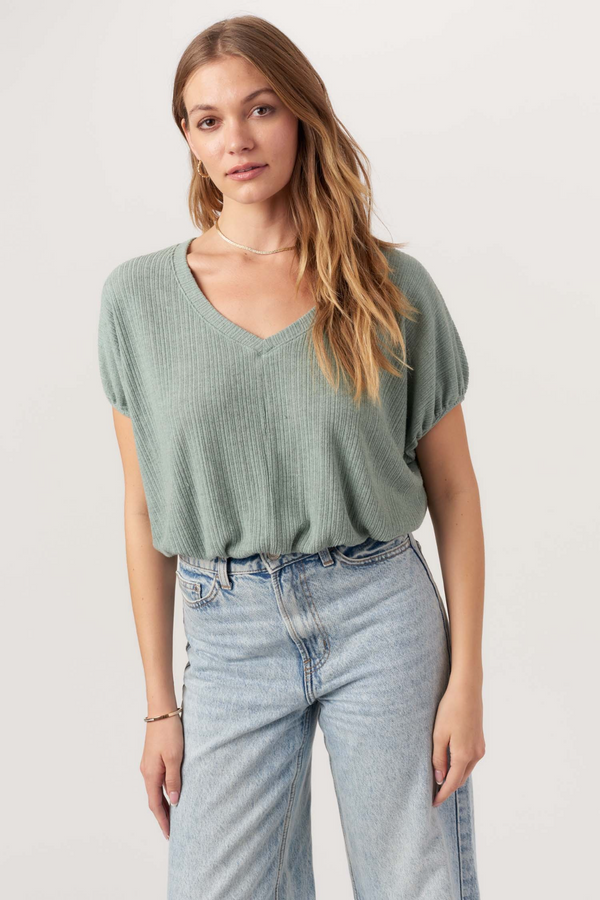 Light Gray Cerise V-Neck Bubble Rib Tee Top