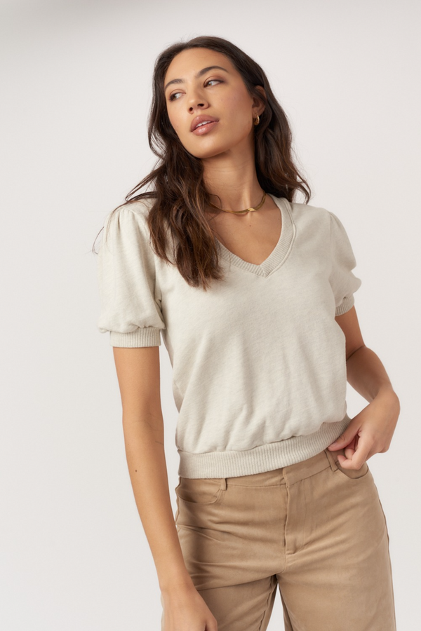 Light Gray In My Feels Puff Sleeve V-Neck Pullover Top