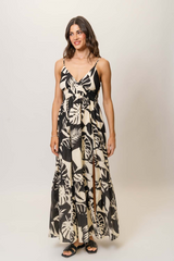 Light Gray Floral Maxi Dress in Black/Ivory Abstract Tropical Maxi Dress
