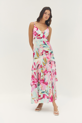 Antique White Robina Dress in Mint/Multi Overlay Tropical Maxi Dress