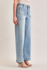 Light Gray Nori Wide Leg Pant Stud Pockets | Super Light Wash Jeans