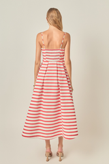 Light Gray Striped Pleated Midi Dress in Off White/Red Midi Dress