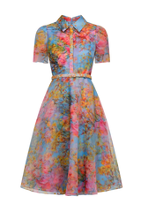 Black Marcel Organza Shirt Dress in Whisper Blue Zen in Bloom Formal Dress